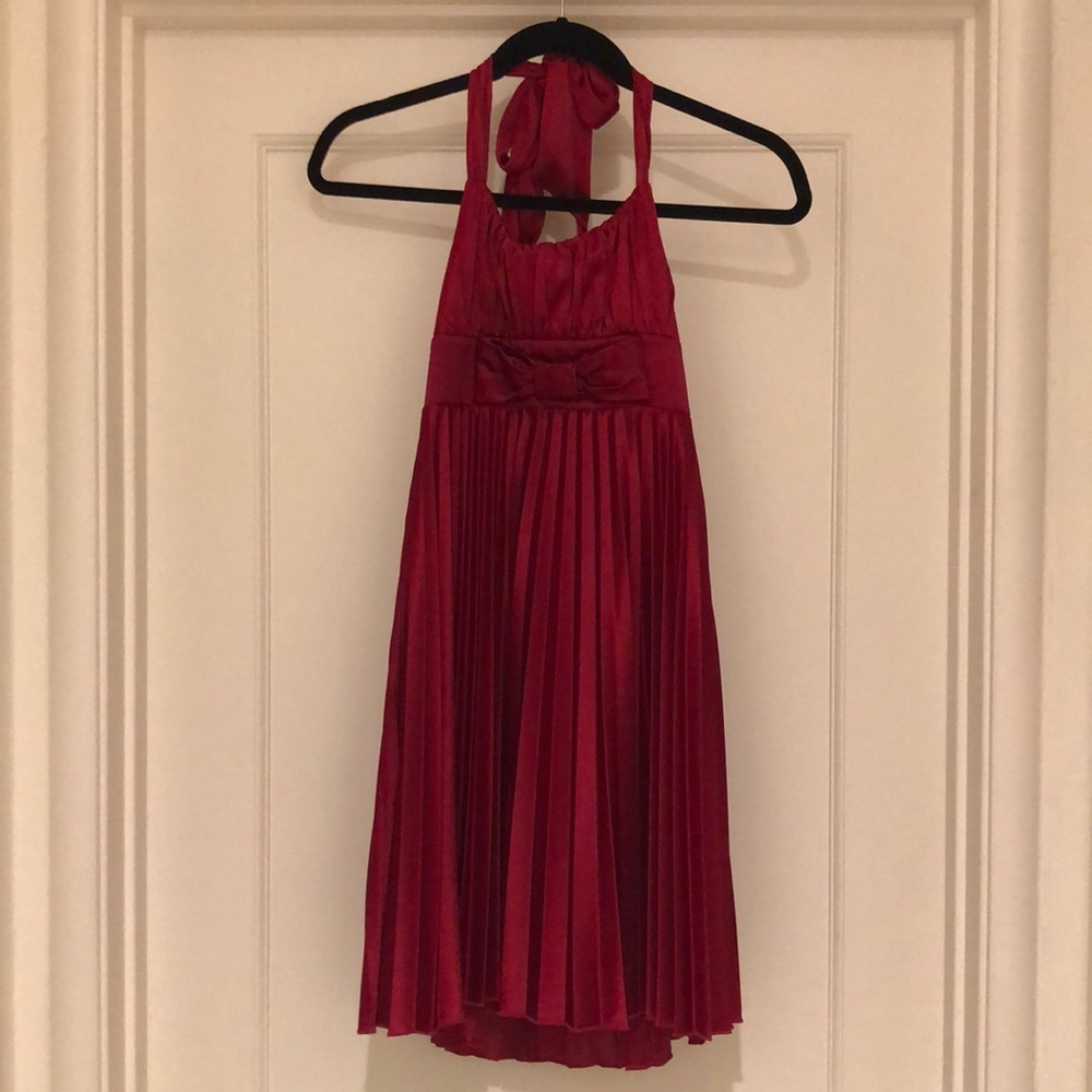 medium, mini, red Love Tease pleated dress, halter tie top, bow on bodice